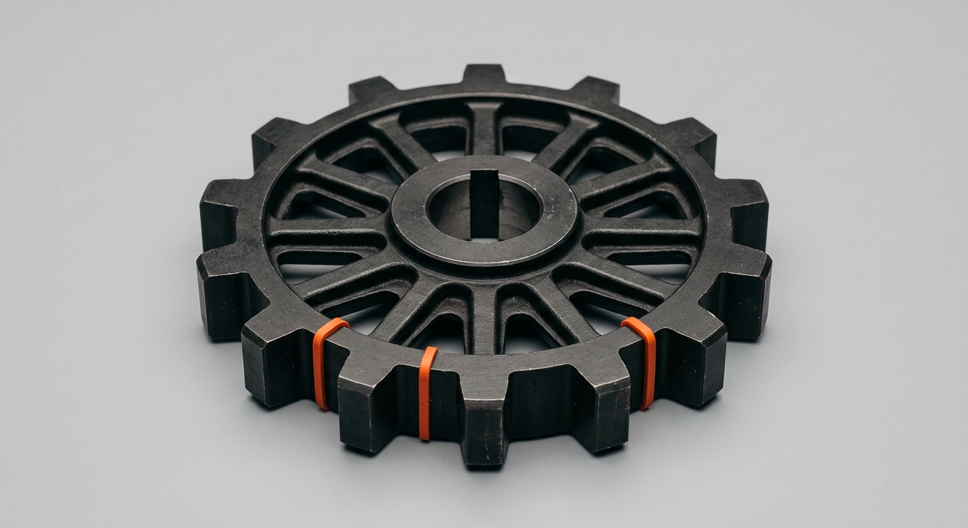 A dark metal twelve-tooth index wheel with a single tooth marked by an orange ring, representing an annual cycle where one position is triggered only once per revolution