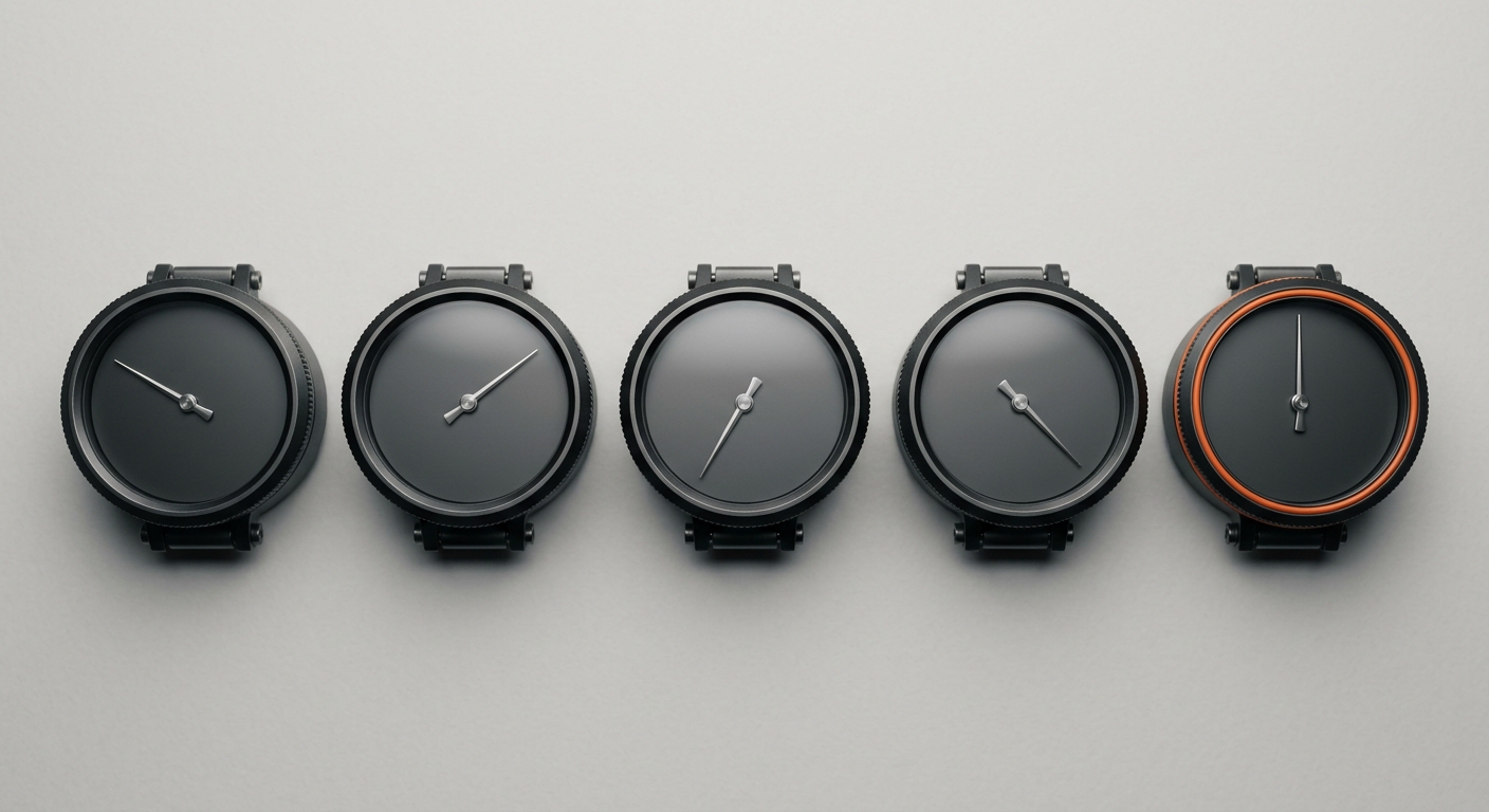 Five identical dark metal dials each showing a different reading, with one ringed in orange, symbolising AI tools that give contradictory answers to the same question