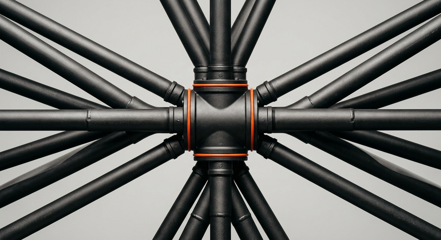 Many dark metal pipes converging into one central hub ringed in orange, symbolising every AI employee reading from one shared company memory