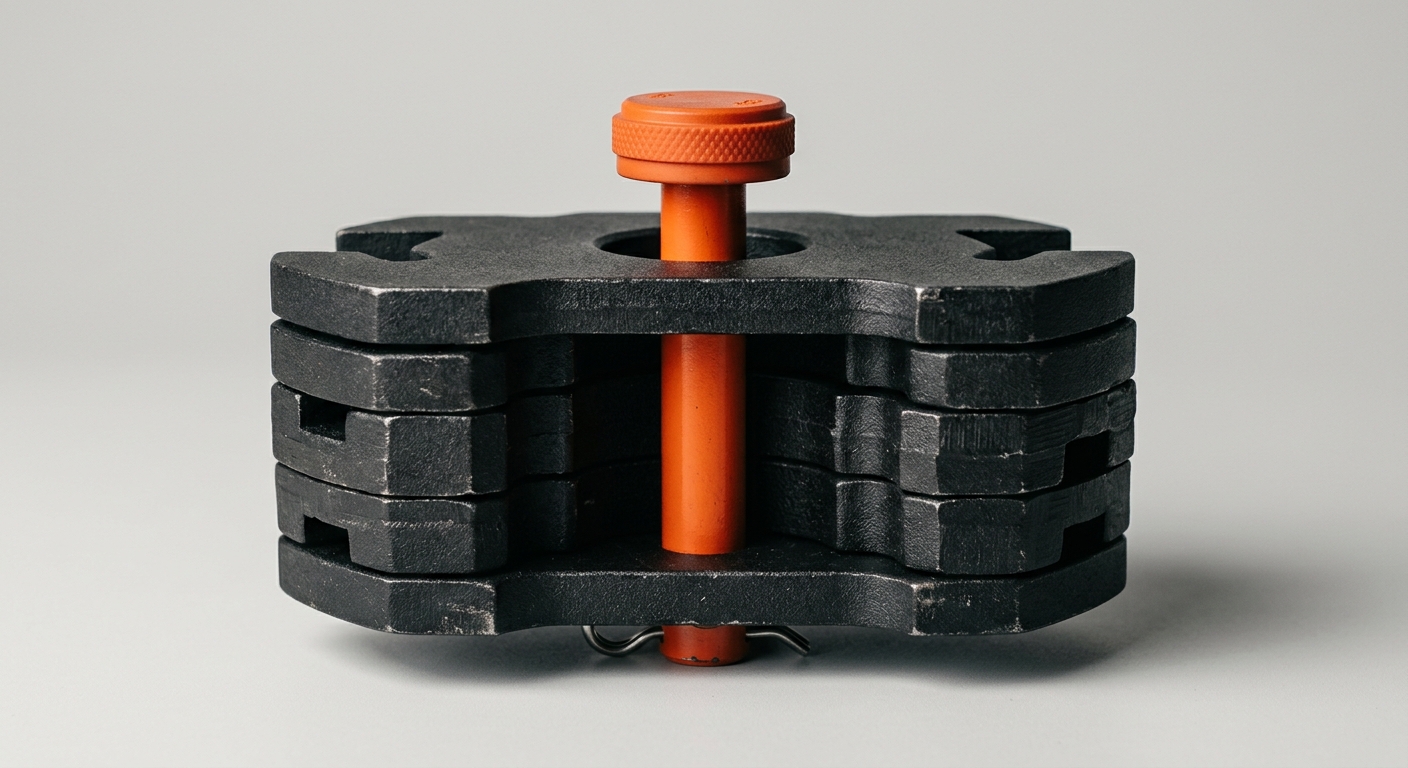 A stack of dark metal plates held together by a single bright orange pin, symbolising the one undocumented know-how that holds a company together