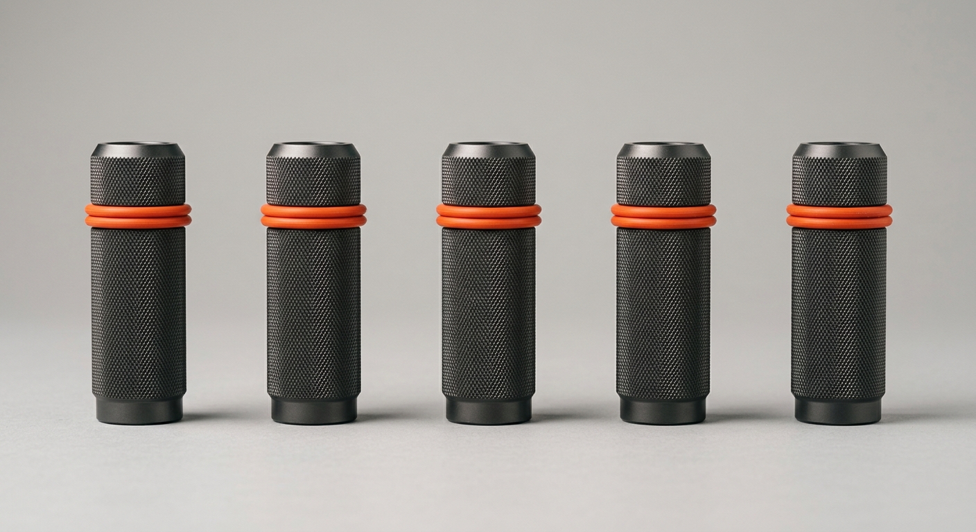 Five identical dark metal components in a row, each with an orange ring, symbolising knowledge made redundant across a team instead of held by one person