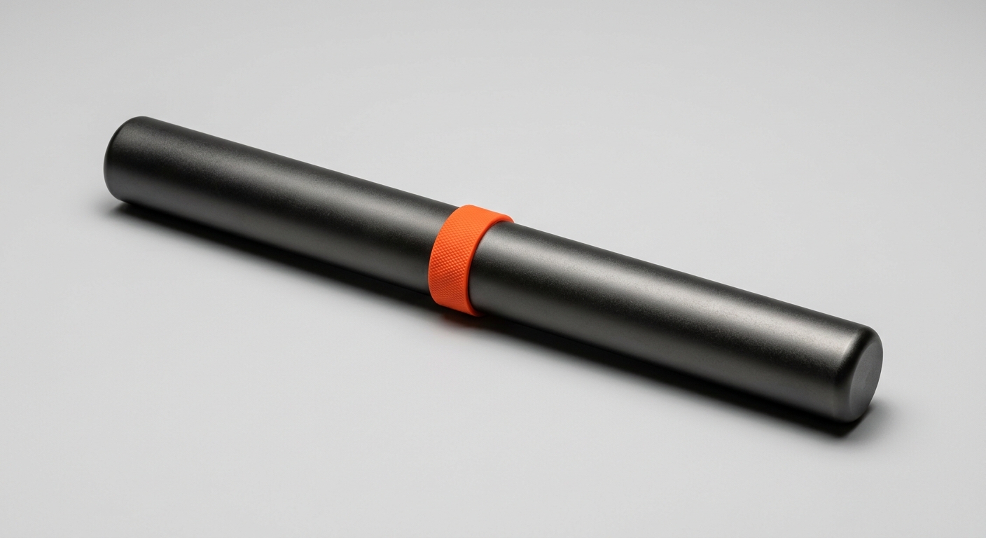 A dark metal relay baton with an orange grip ring, representing the handover a business relies on when a key person is on holiday