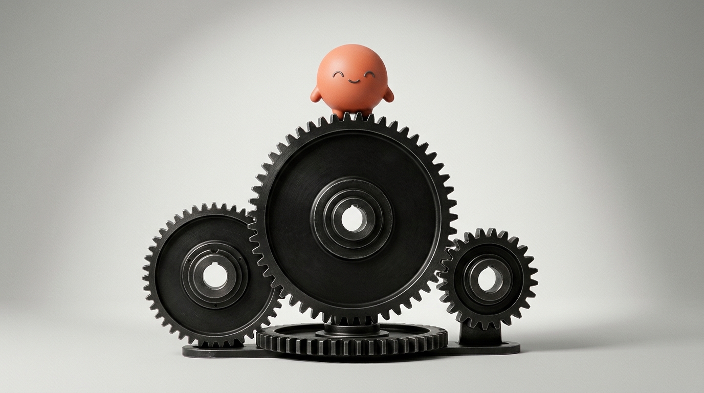 A set of dark interlocking metal gears with the orange Superkind mascot sitting on top of the largest gear