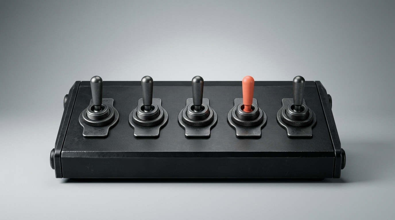 A dark industrial panel with five toggle switches, one of them with a coral-orange lever