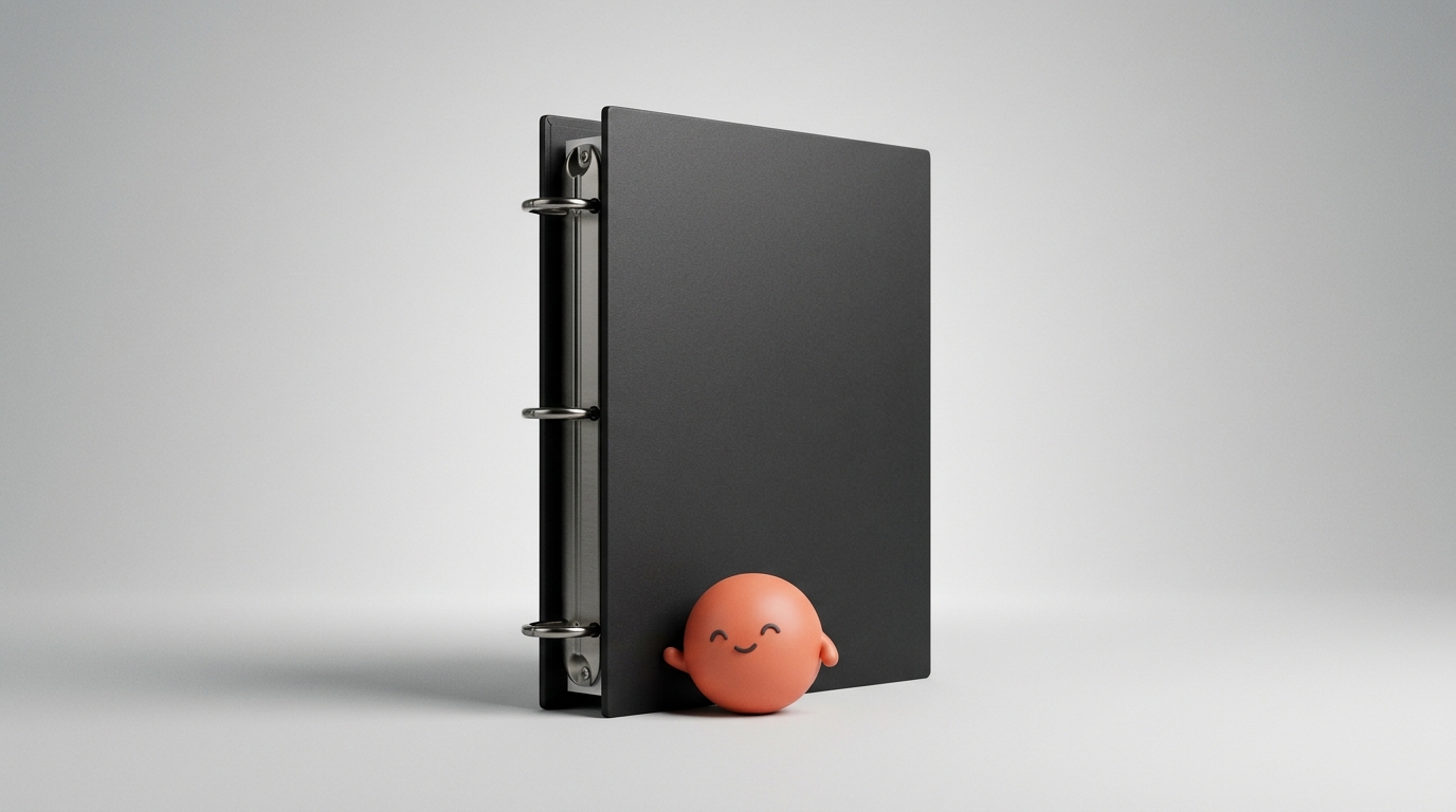 A dark ring binder standing upright with the orange Superkind mascot leaning against its cover