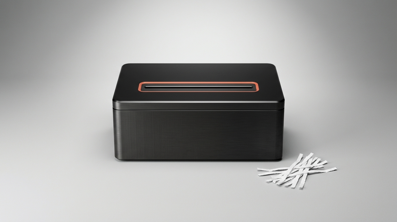 A dark paper shredder with a coral-orange rim around its slot and blank paper strips beside it
